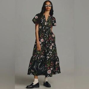 Anthropologie The Somerset Maxi Dress Womens M Tiered Smocked Floral Black Motif